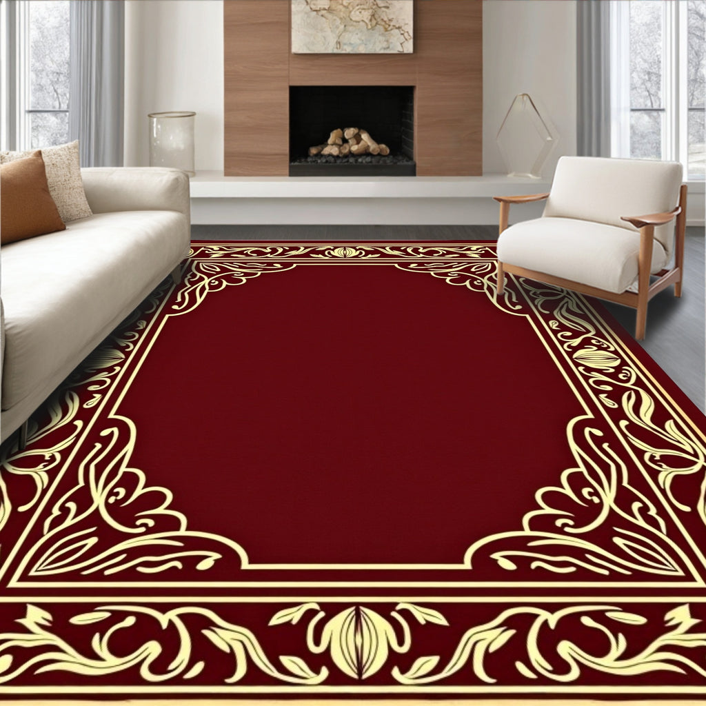 Rich Red Golden Floral Border Rug
