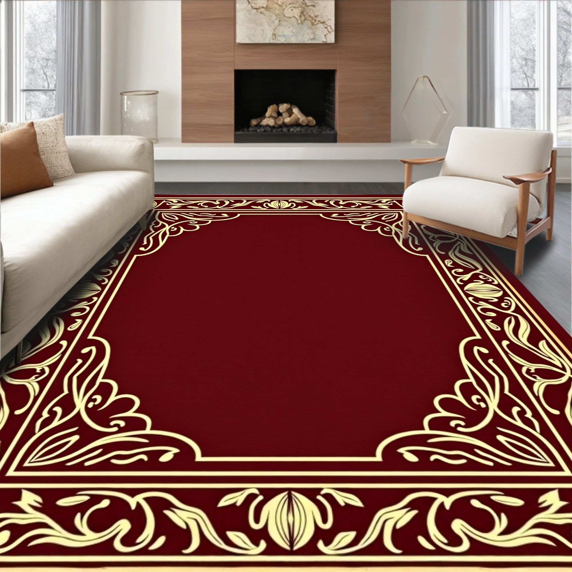 Rich Red Golden Floral Border Rug