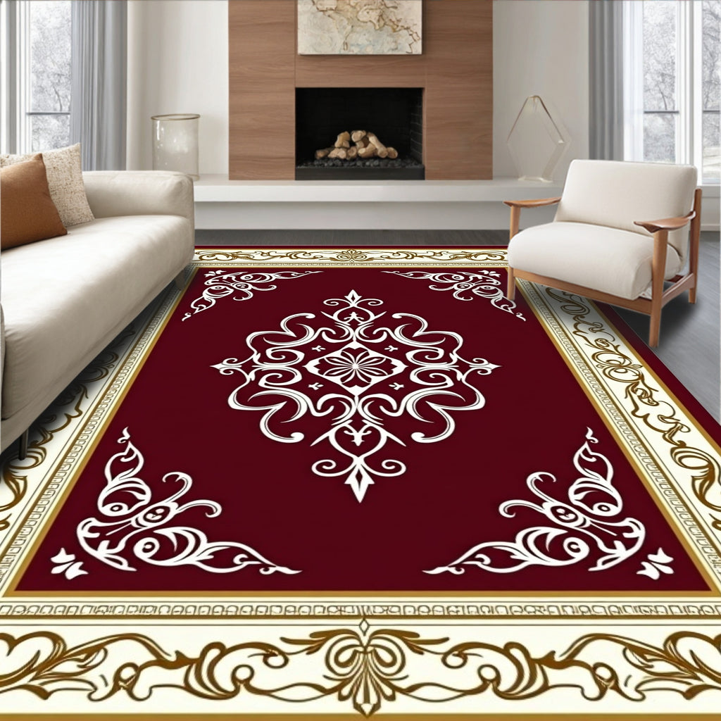 Burgundy Ivory Gold Damask Medallion Rug
