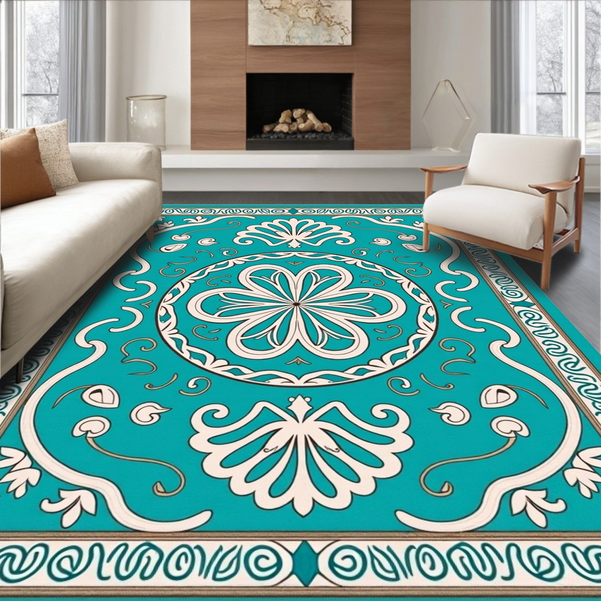 Ornate Teal Floral Medallion Border Rug