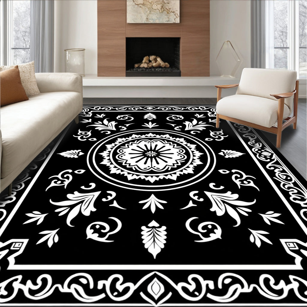 Black White Ornate Floral Centerpiece Rug