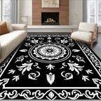 Black White Ornate Floral Centerpiece Rug