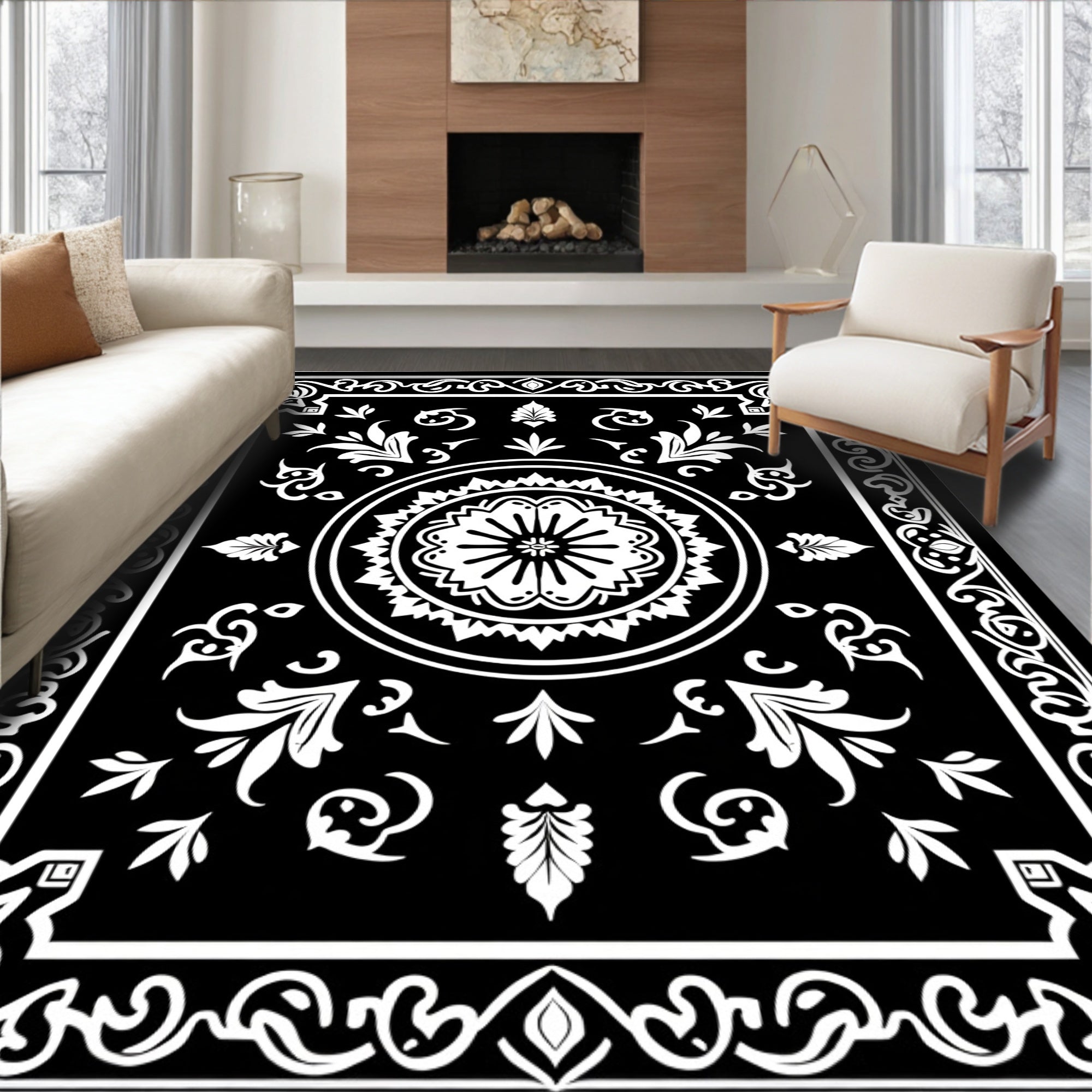 Black White Ornate Floral Centerpiece Rug