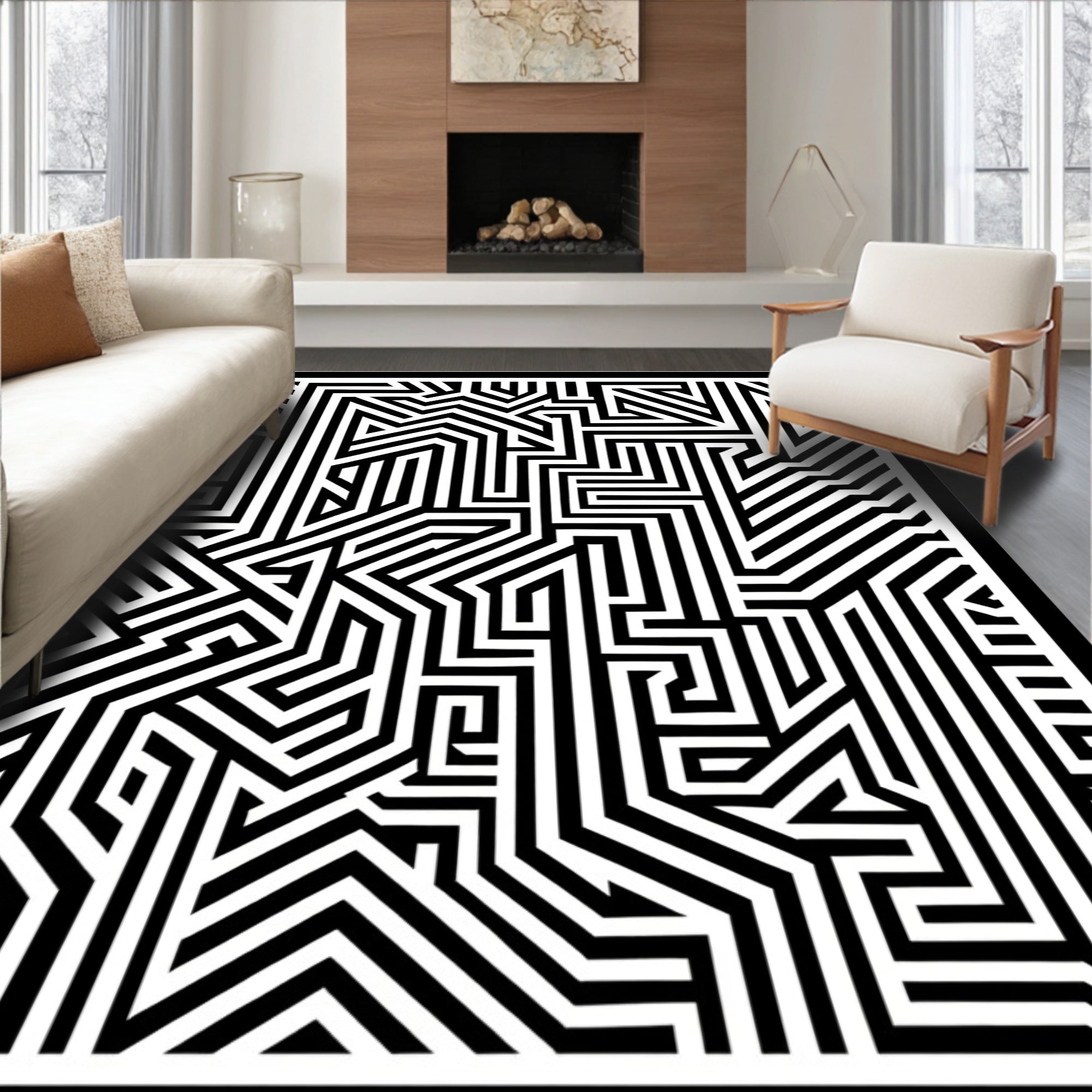Black White Geometric Maze Lines Rug