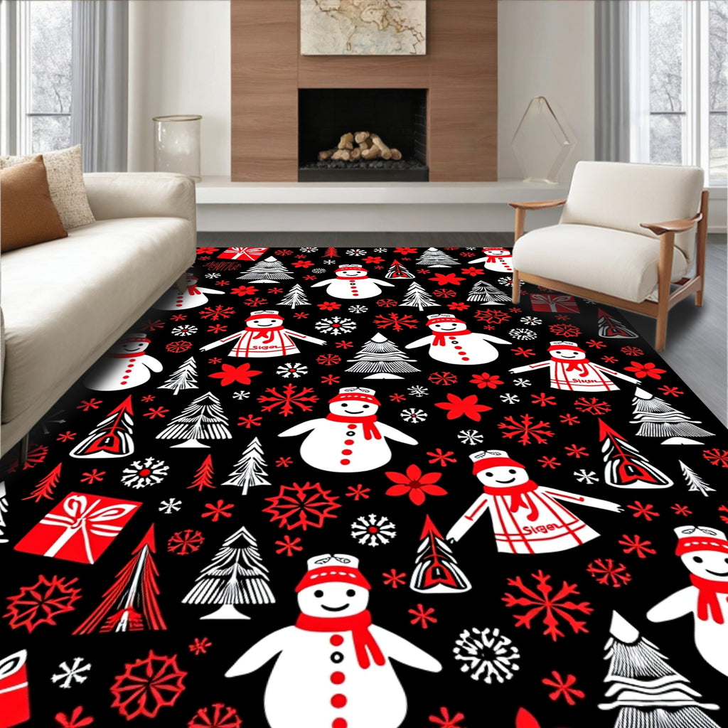 Red White Snowmen Christmas Trees Gifts Rug