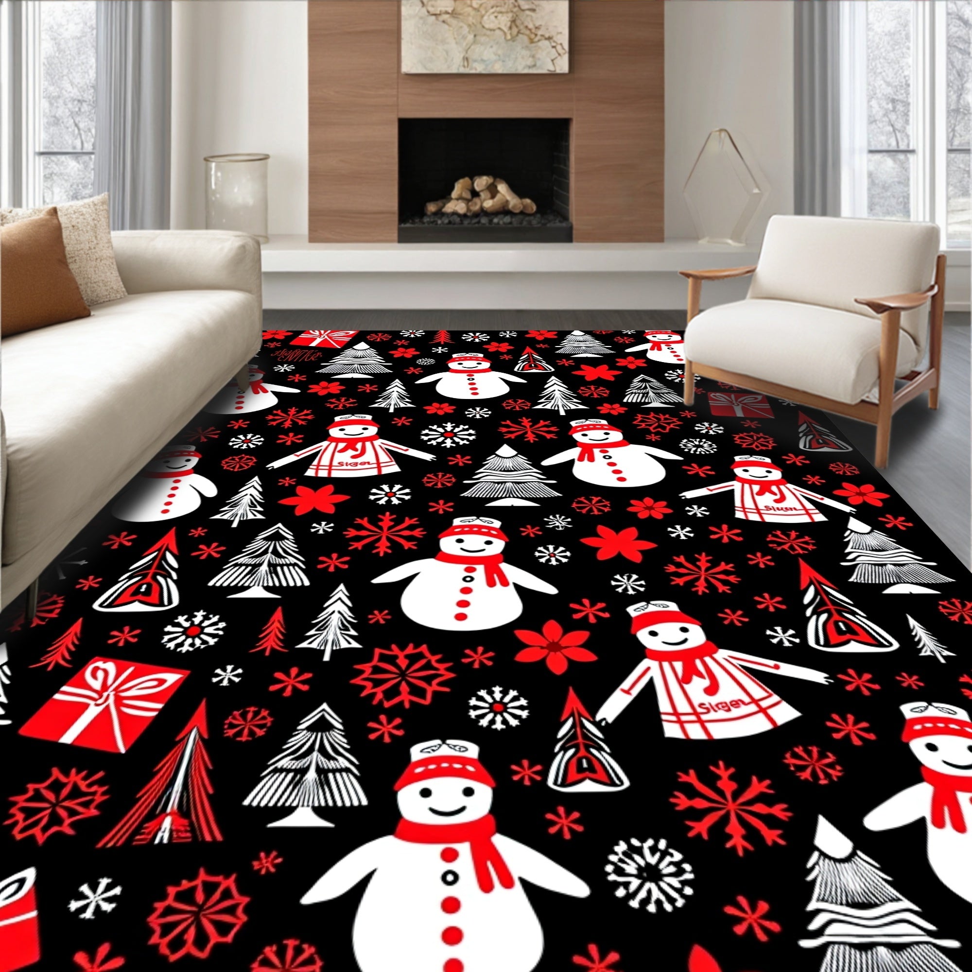 Red White Snowmen Christmas Trees Gifts Rug