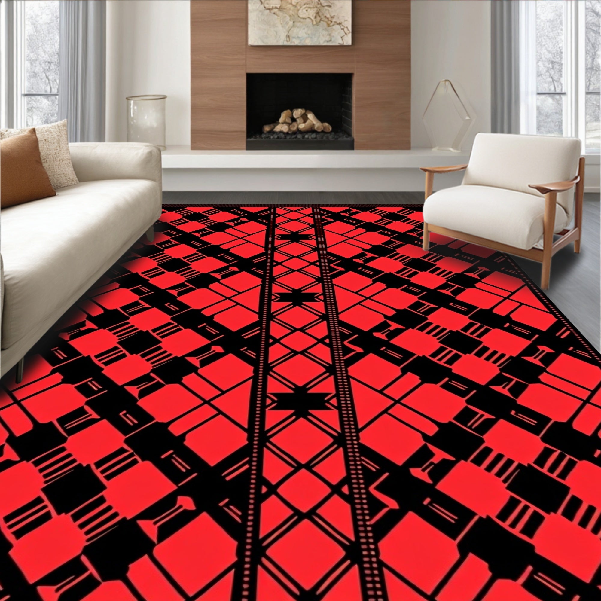 Bold Red Geometric Diamond Stripe Rug