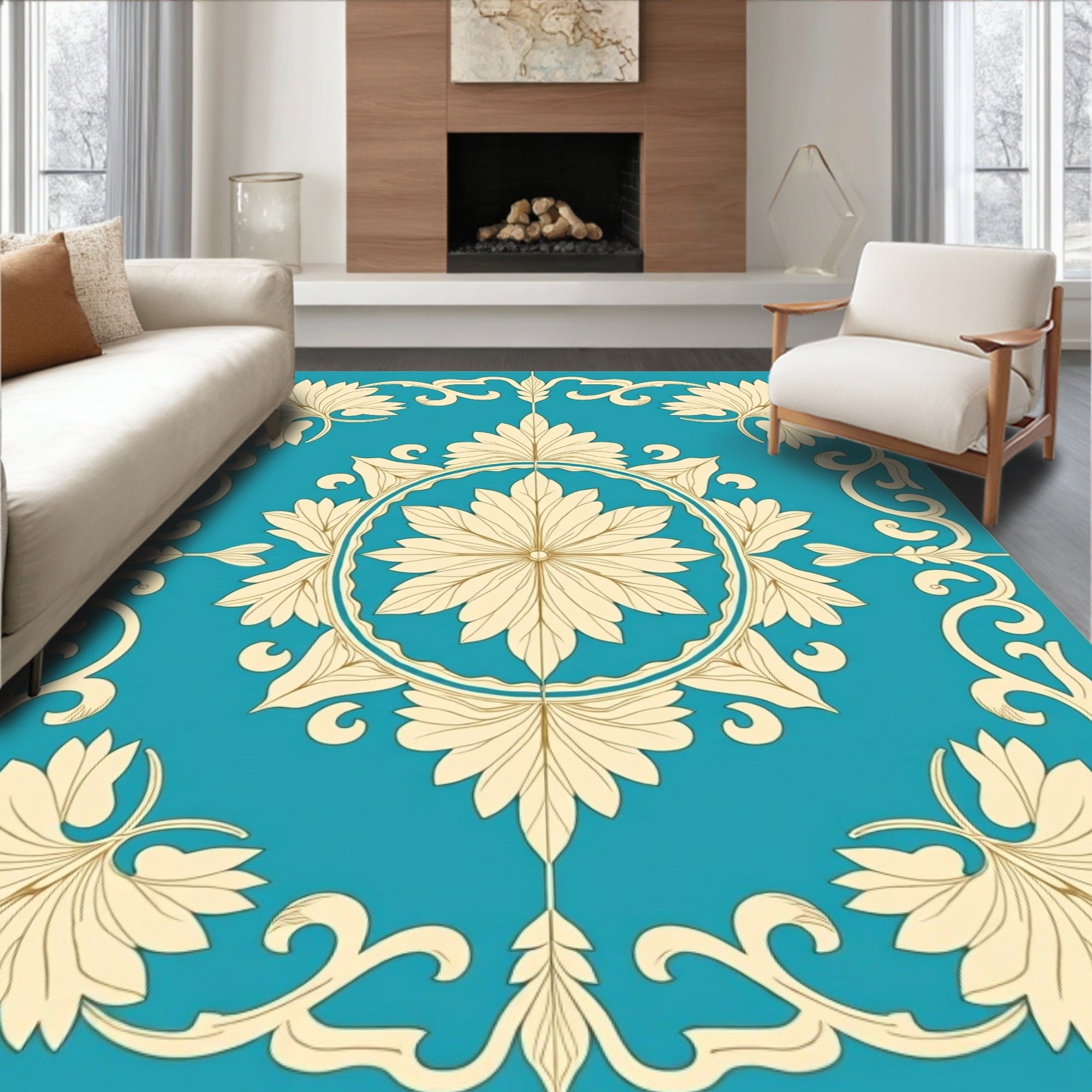 Turquoise Cream Floral Medallion Scrollwork Rug