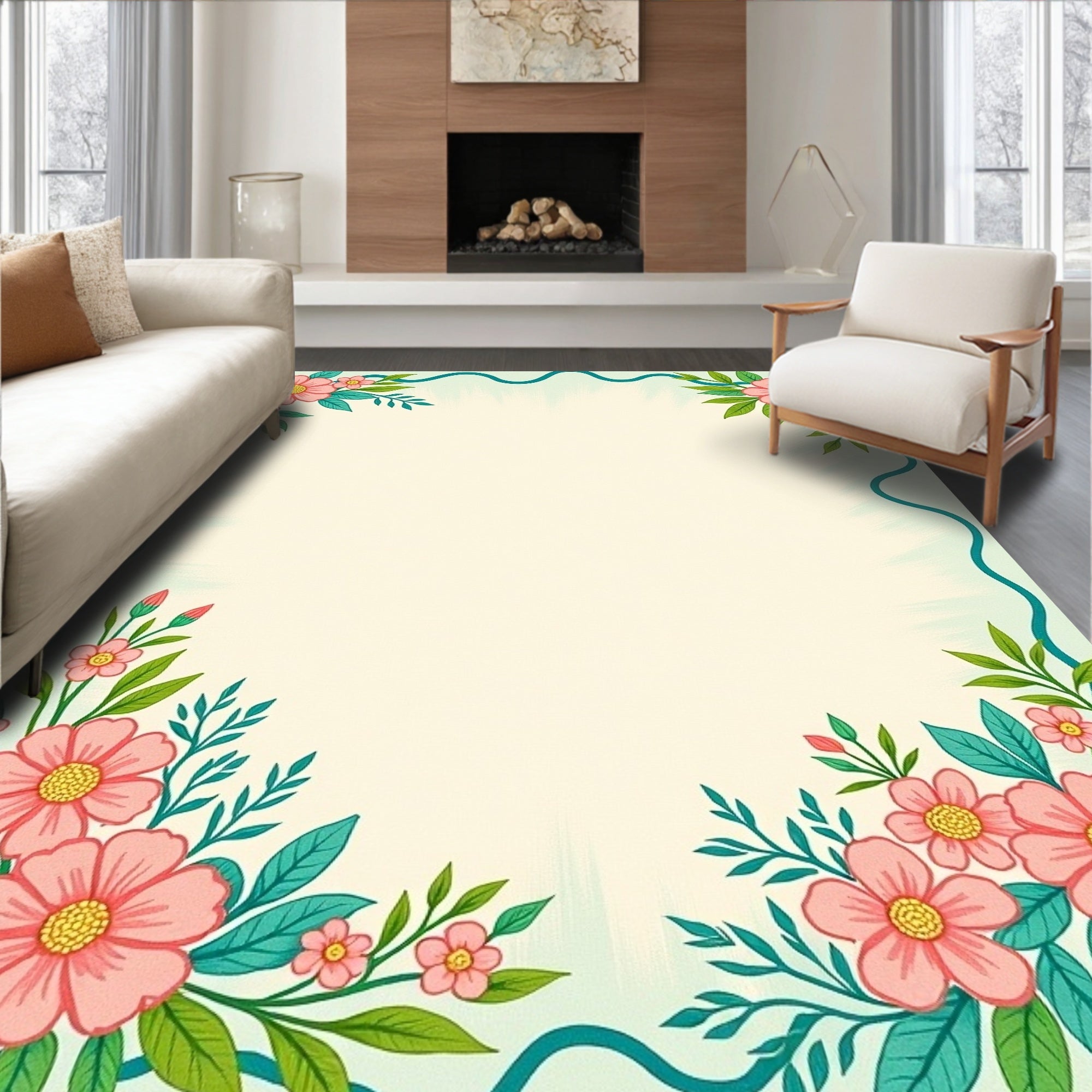 Blush Pink Floral Garland Aquamarine Border Rug