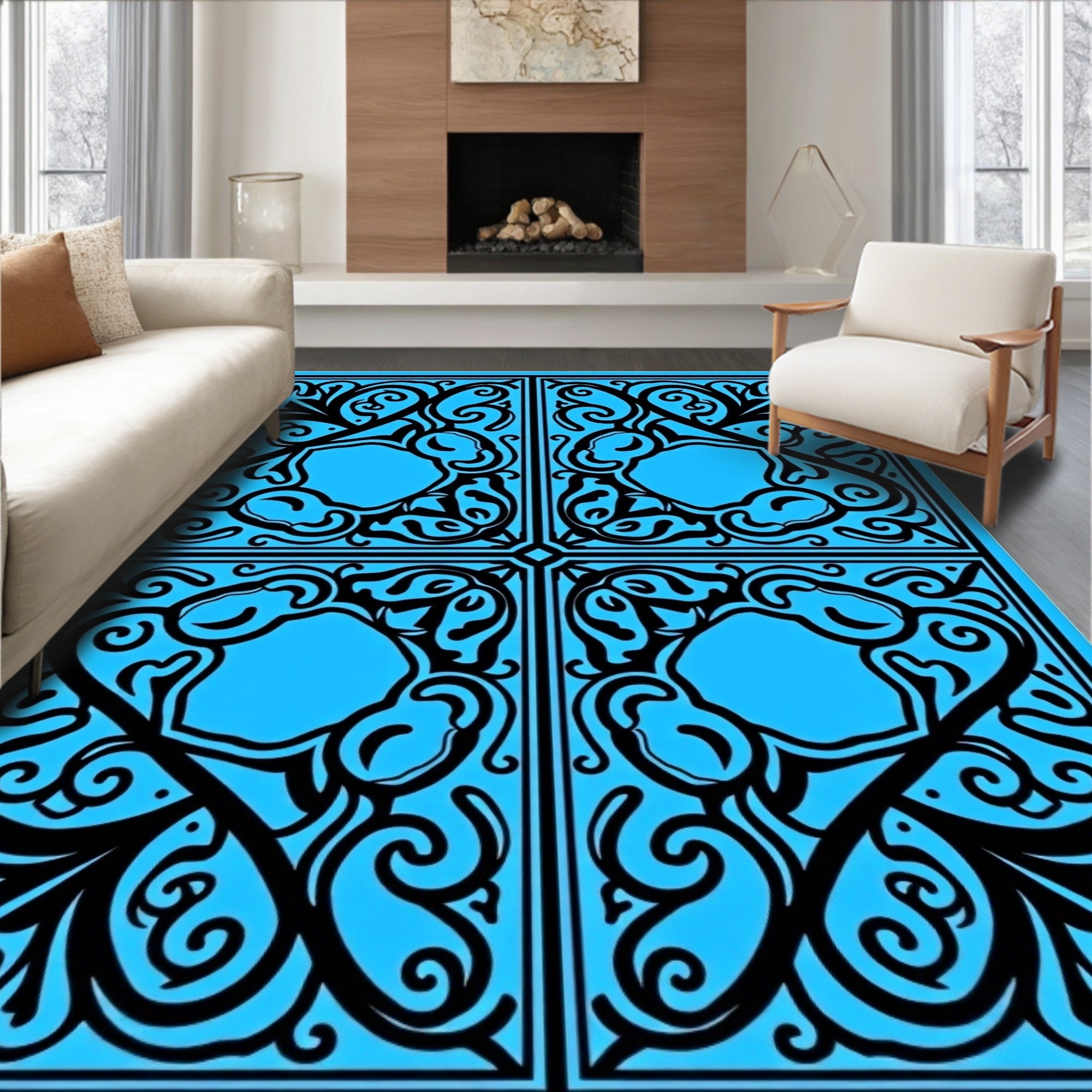 Vibrant Cyan Swirl Quatrefoil Ornamental Rug