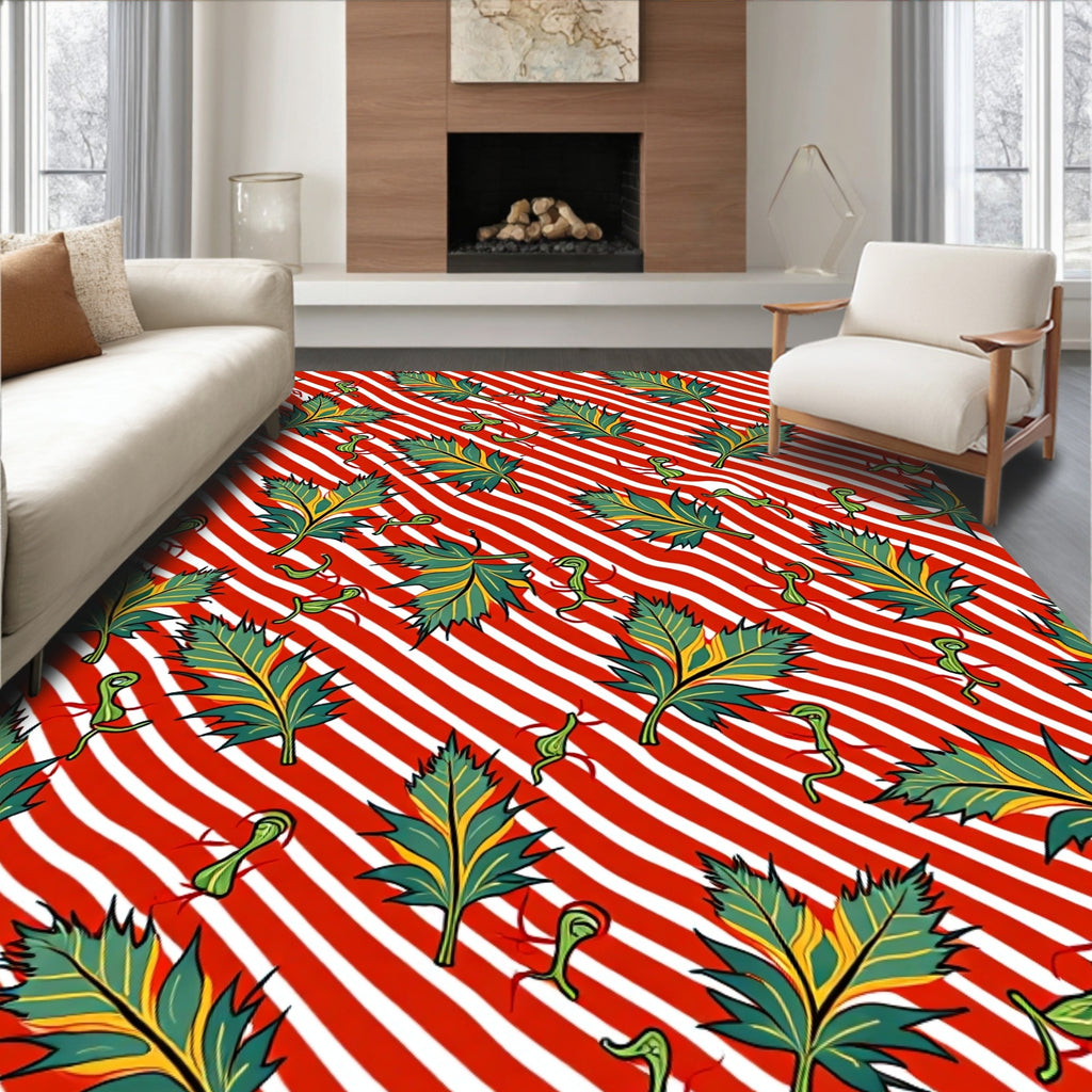 Bold Green Leaf Red Stripe Rug