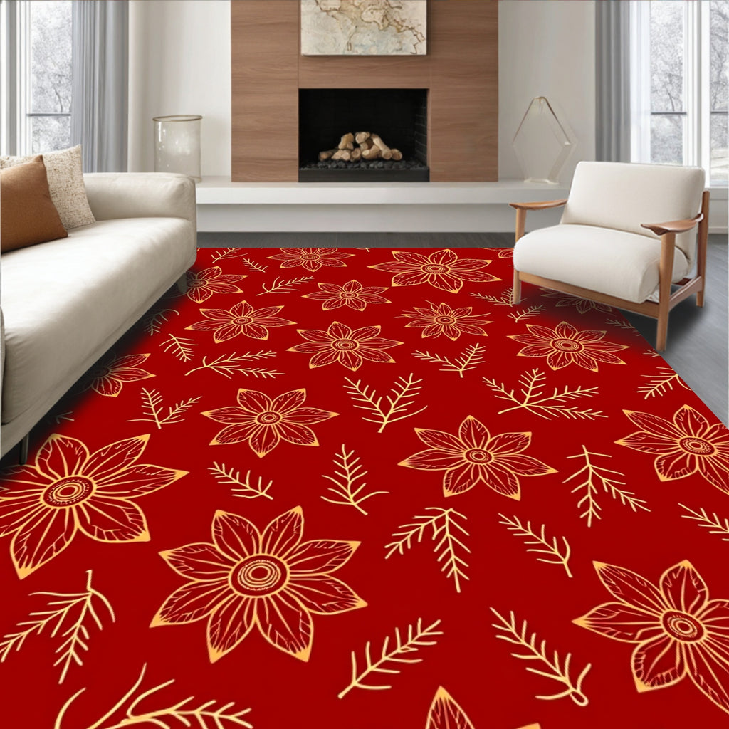 Golden Floral Sprig Red Rug