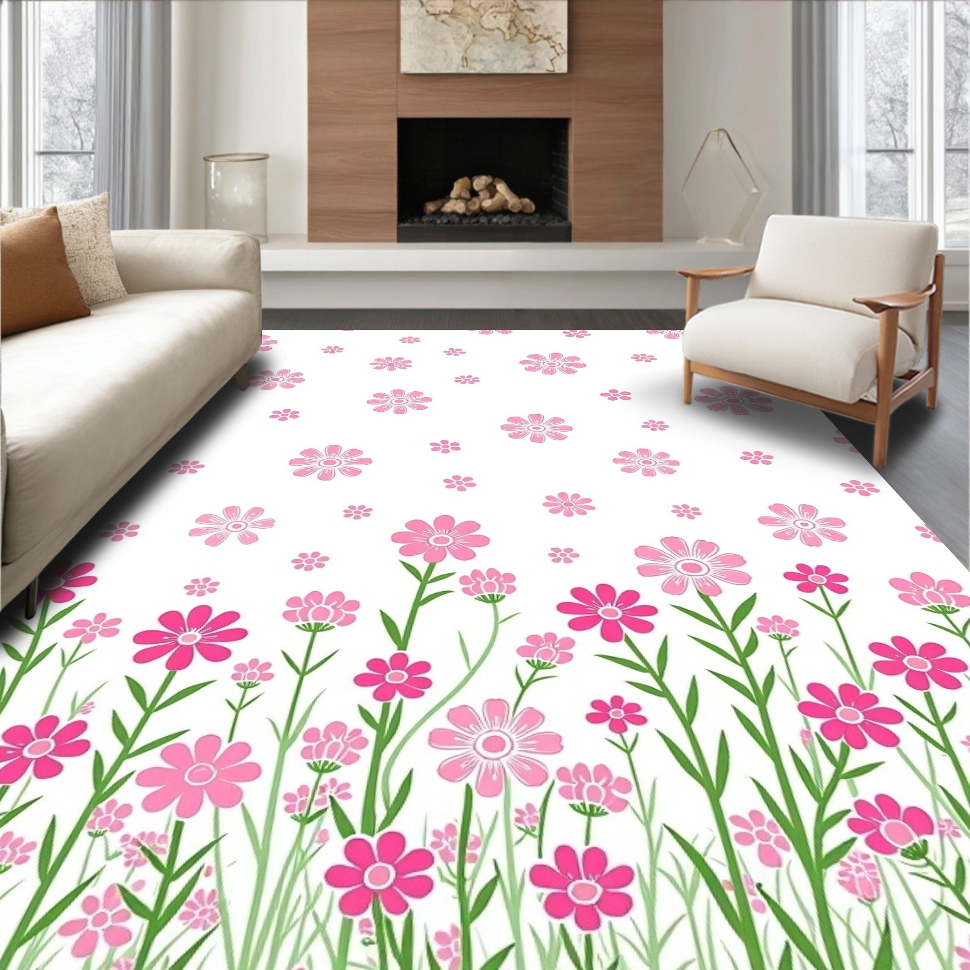 Pink Wildflower Meadow Floral Rug