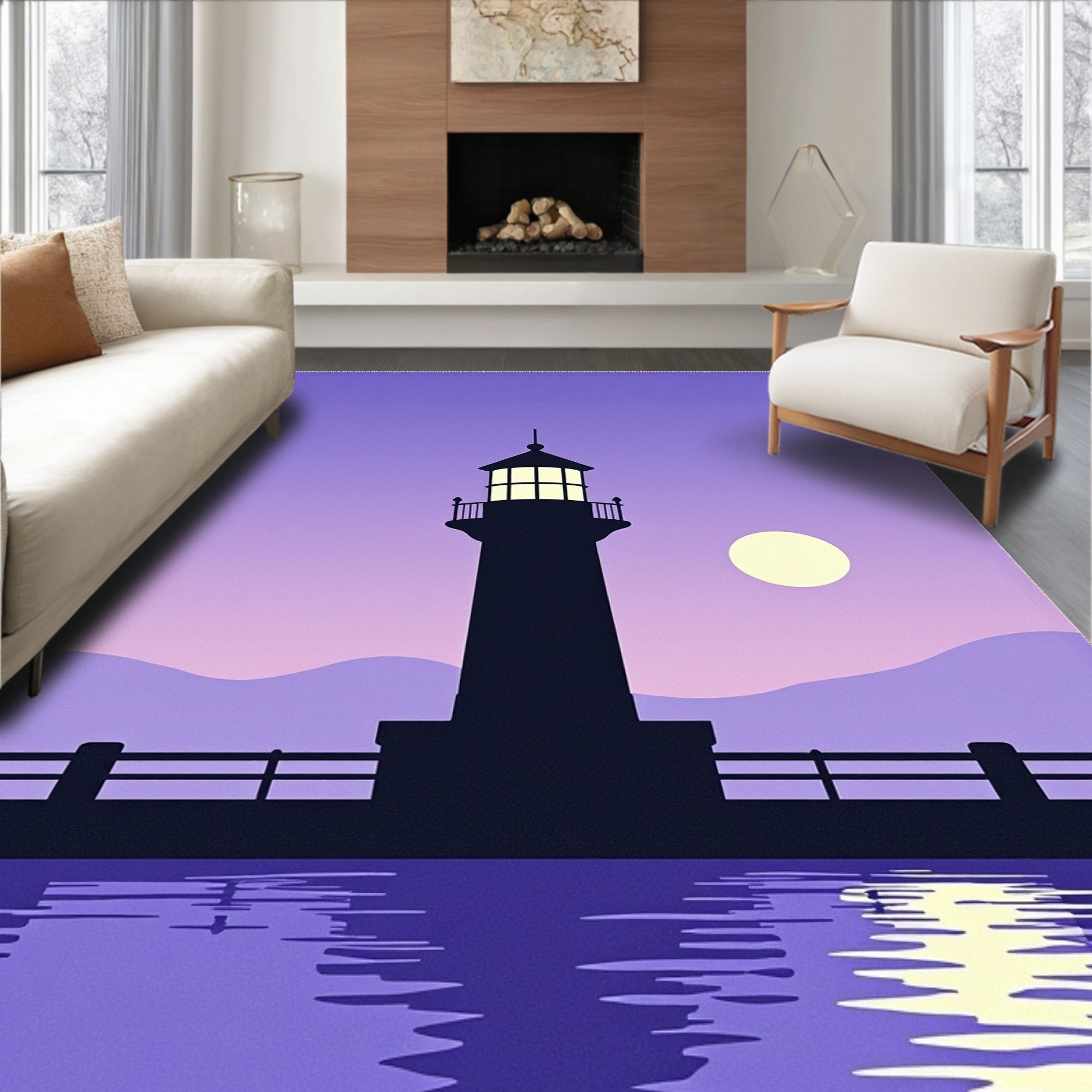 Twilight Purple Lighthouse Reflection Rug
