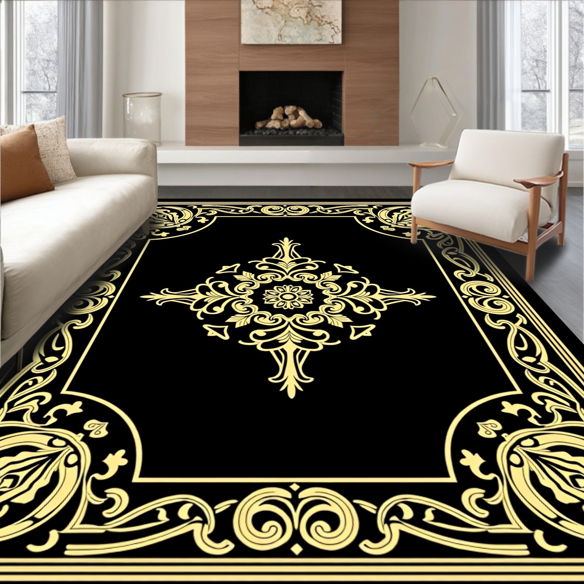 Golden Floral Baroque Frame Rug