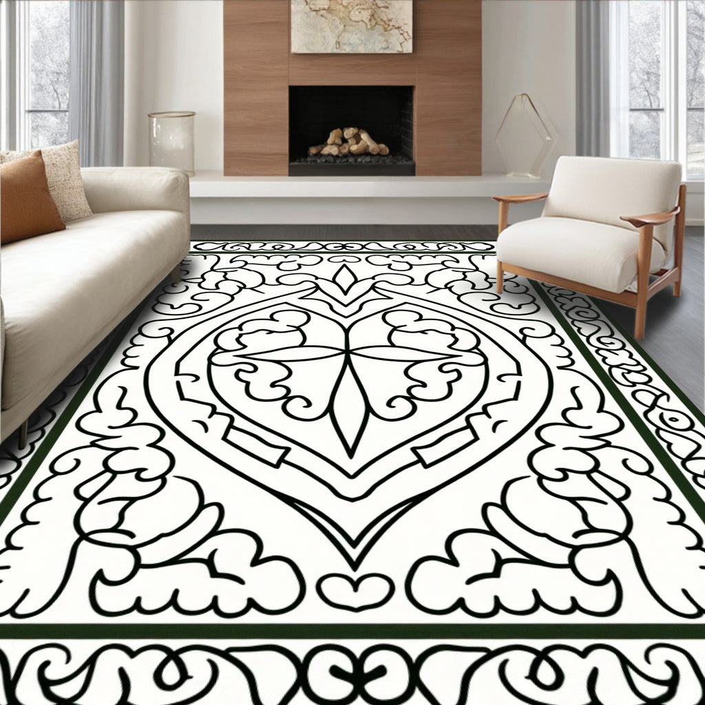Ornate Black and White Oval Medallion Rug
