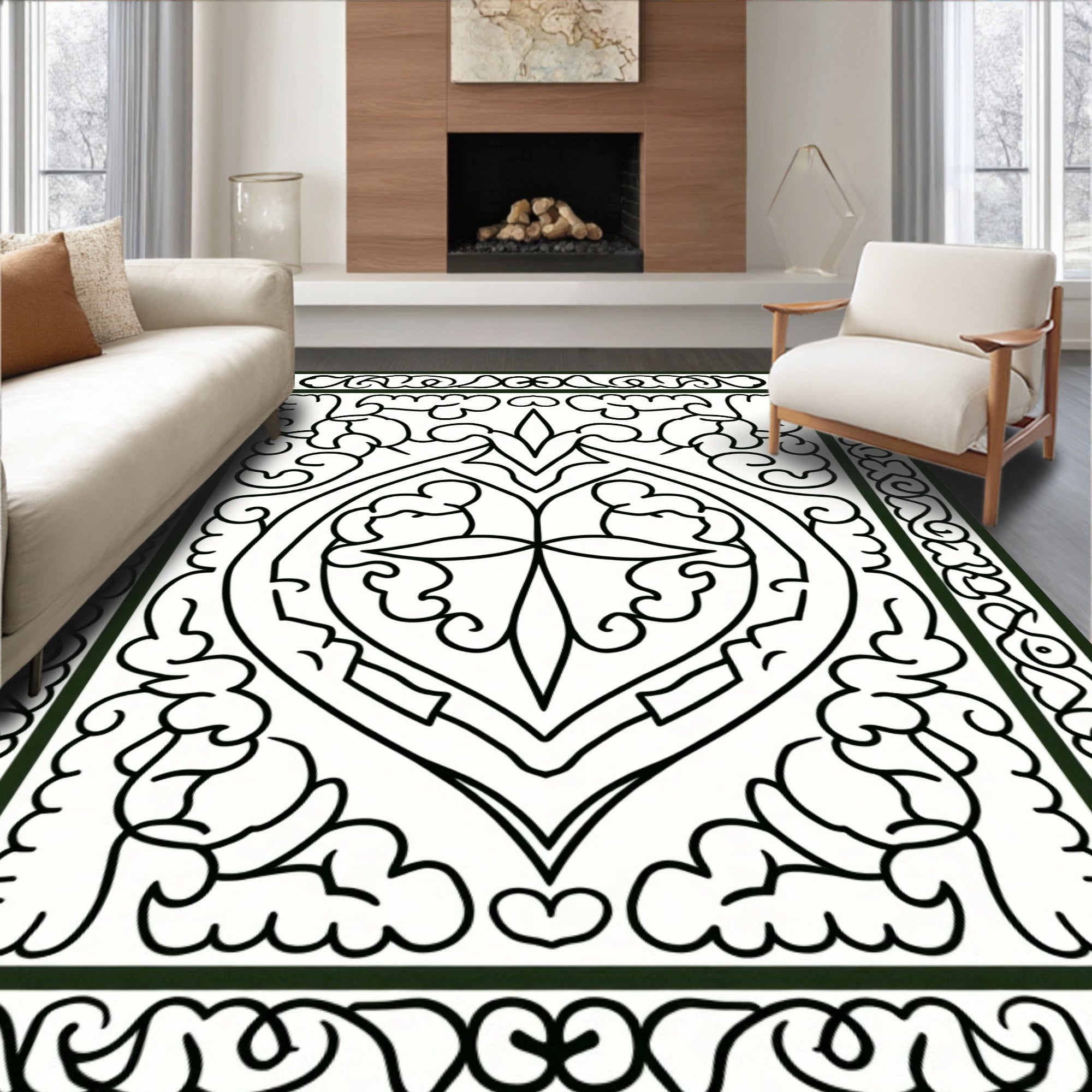 Ornate Black and White Oval Medallion Rug