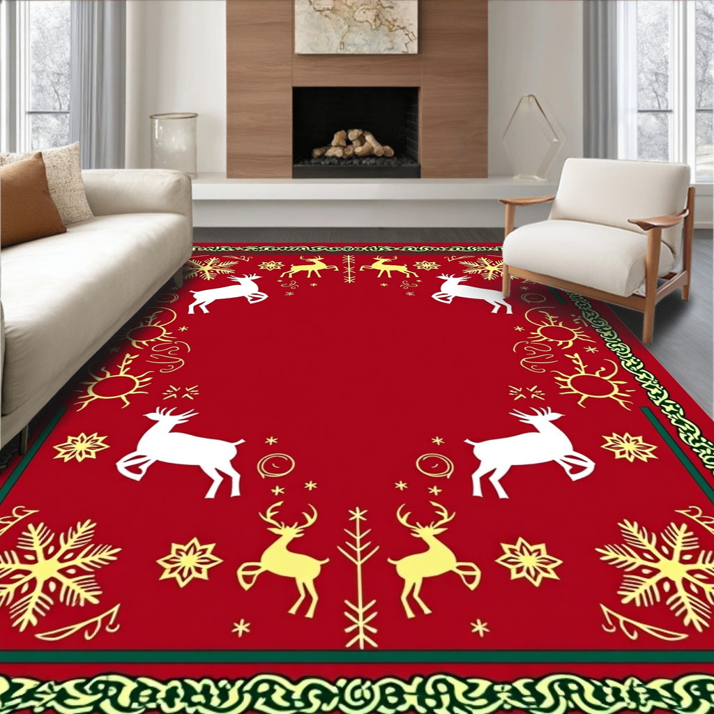 Festive Red Reindeer Snowflake Border Rug