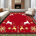 Festive Red Reindeer Snowflake Border Rug