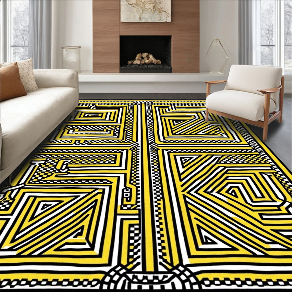 Bold Yellow Geometric Labyrinth Rug