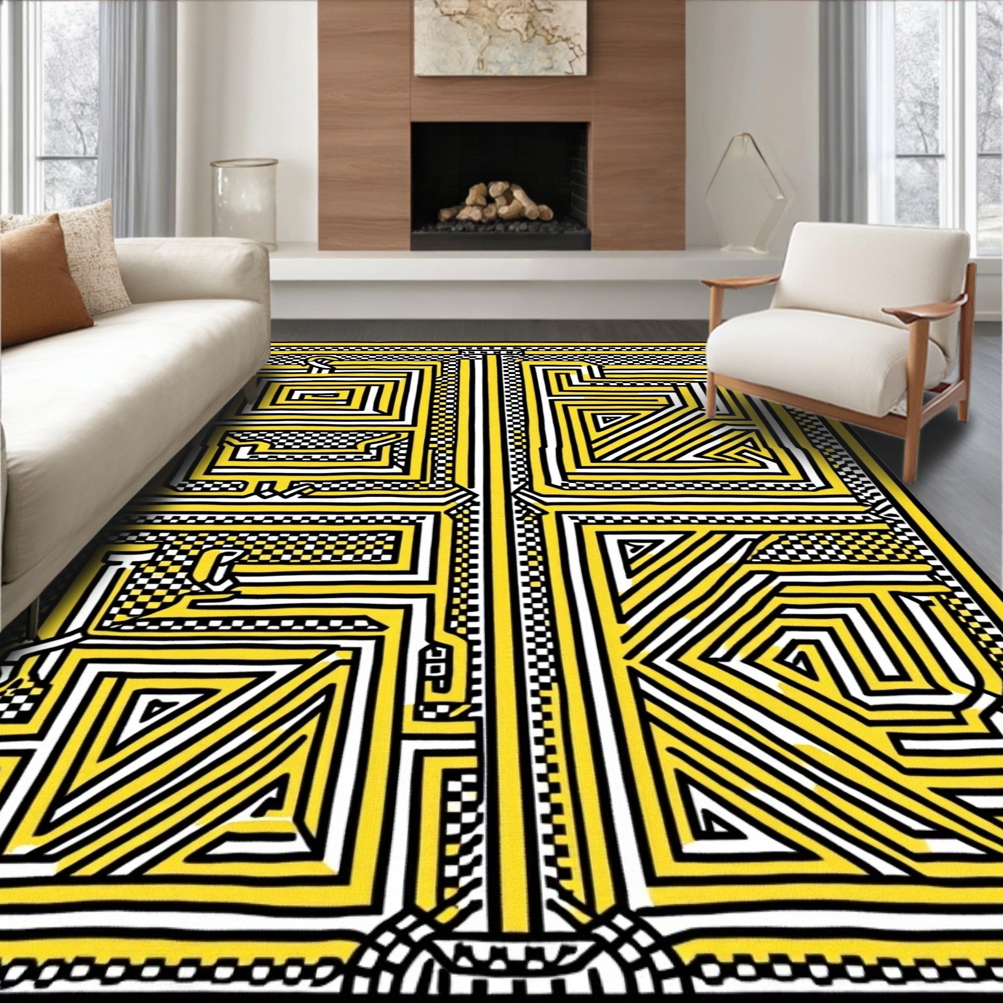 Bold Yellow Geometric Labyrinth Rug