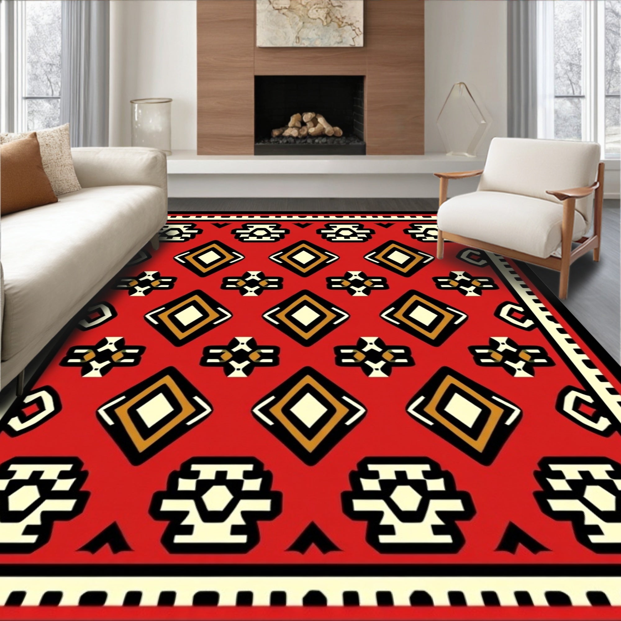 Bold Red Geometric Diamond Tribal Rug