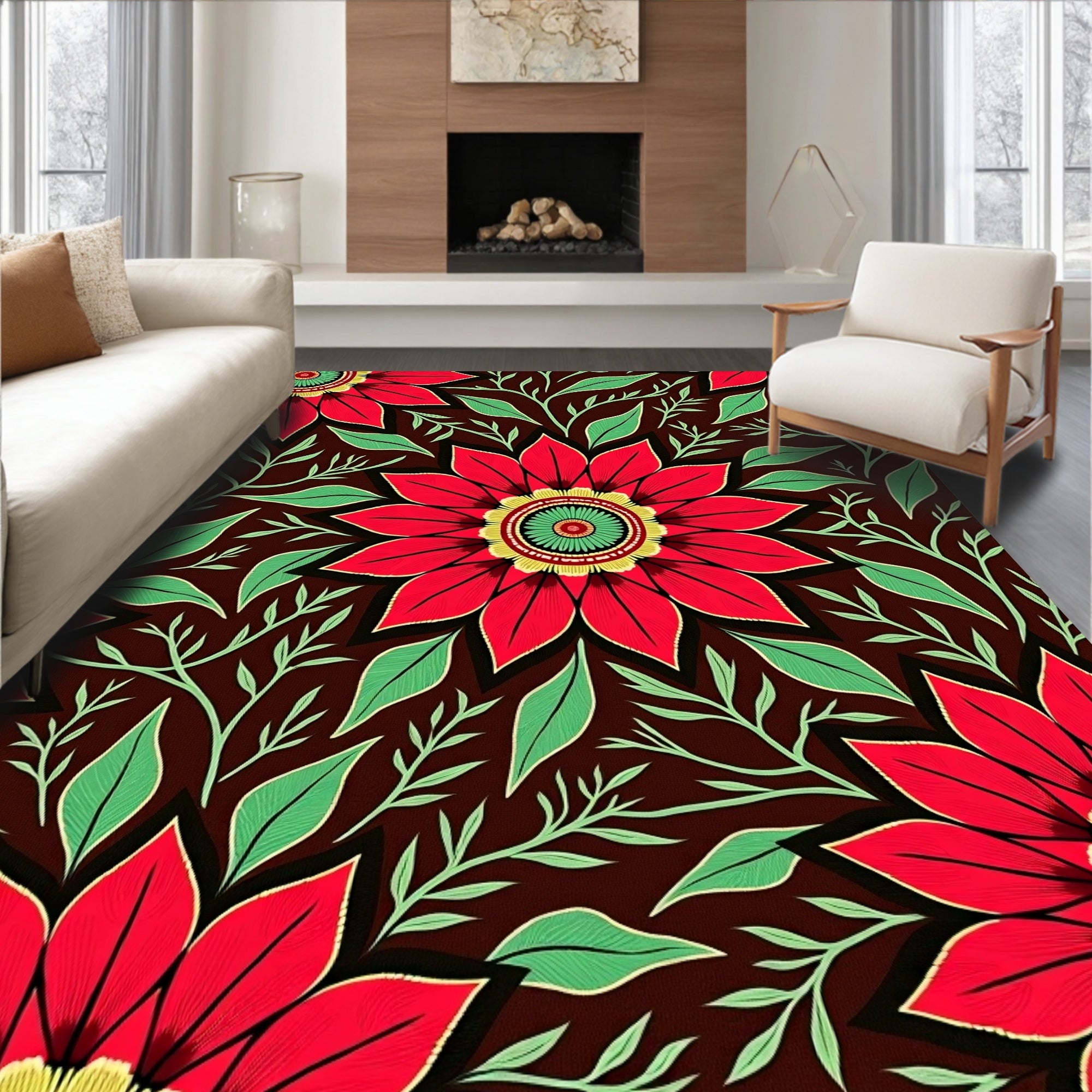 Red Crimson Floral Medallion Foliage Rug
