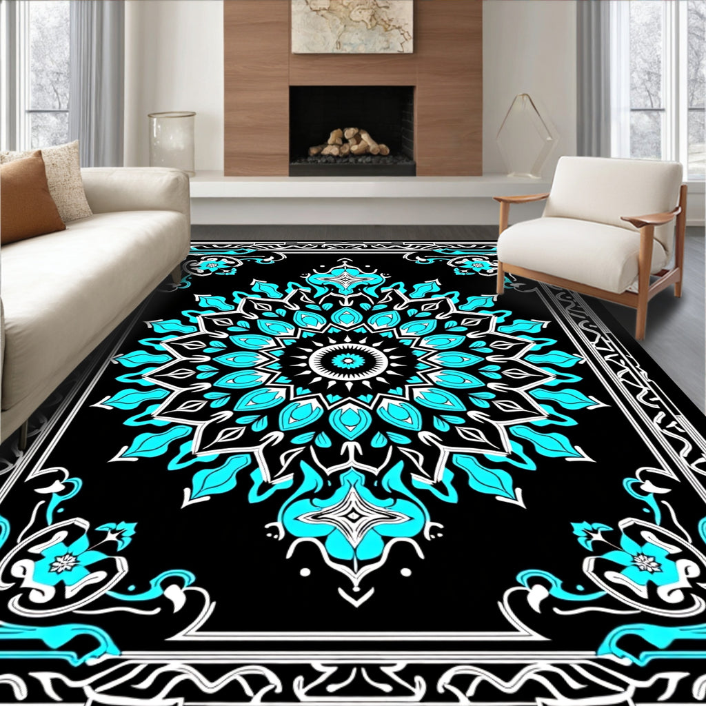 Black Teal Mandala Floral Border Rug