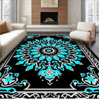Black Teal Mandala Floral Border Rug