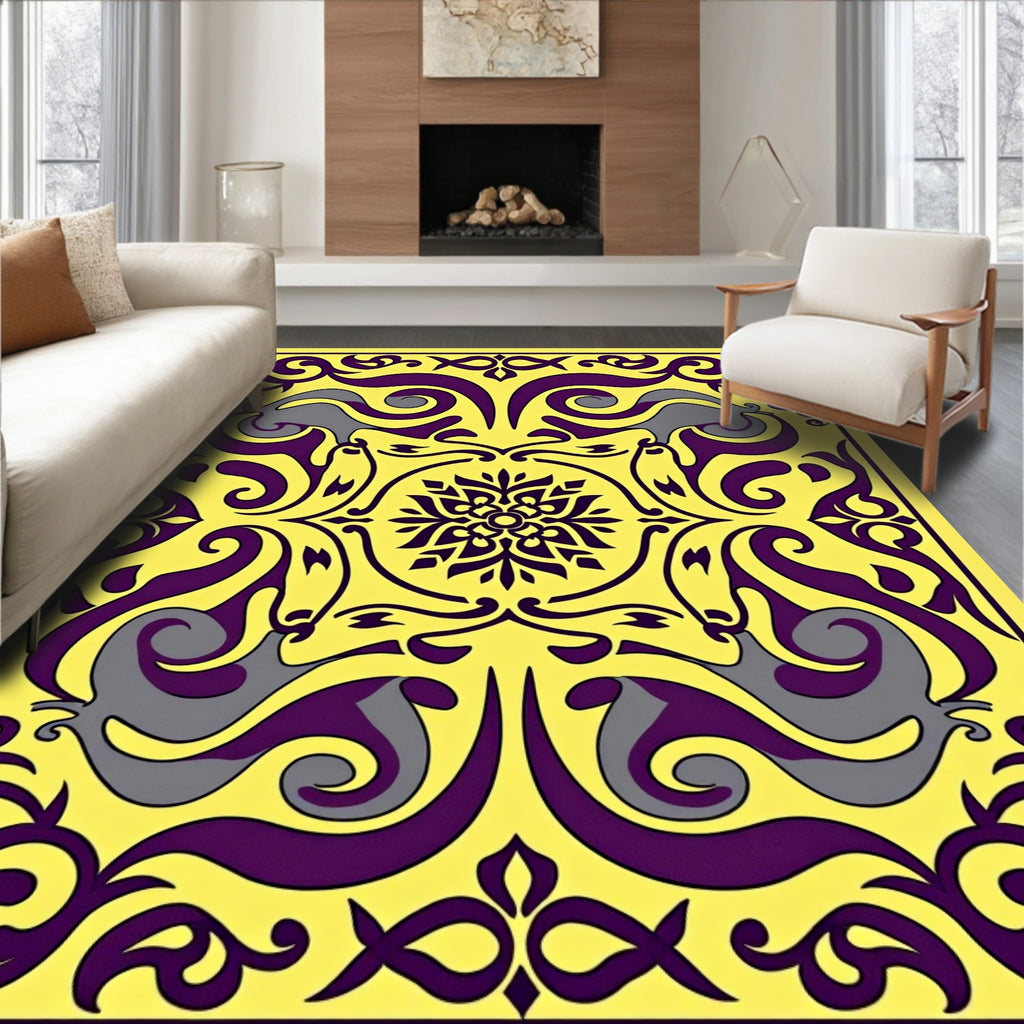 Bold Yellow Purple Swirling Animal Motif Rug