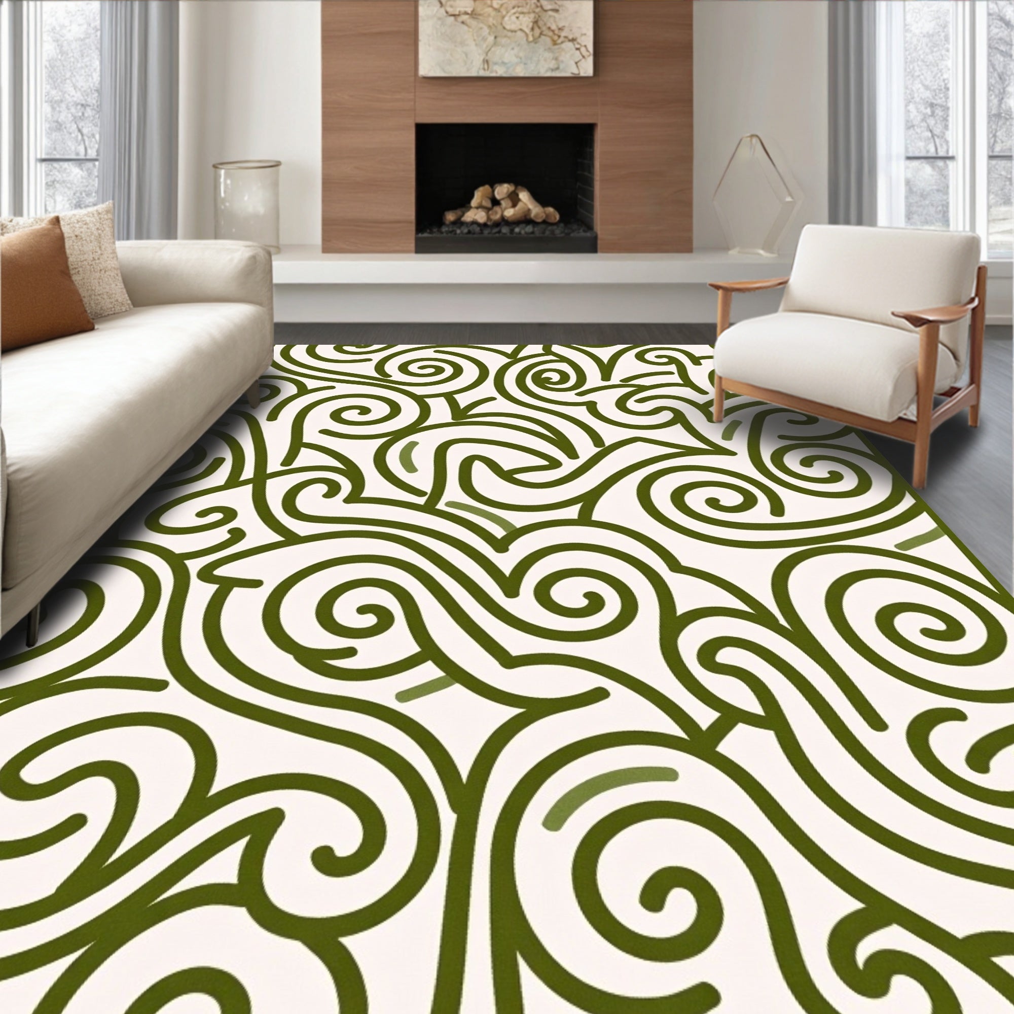 Green Swirl Abstraction Line Art Rug