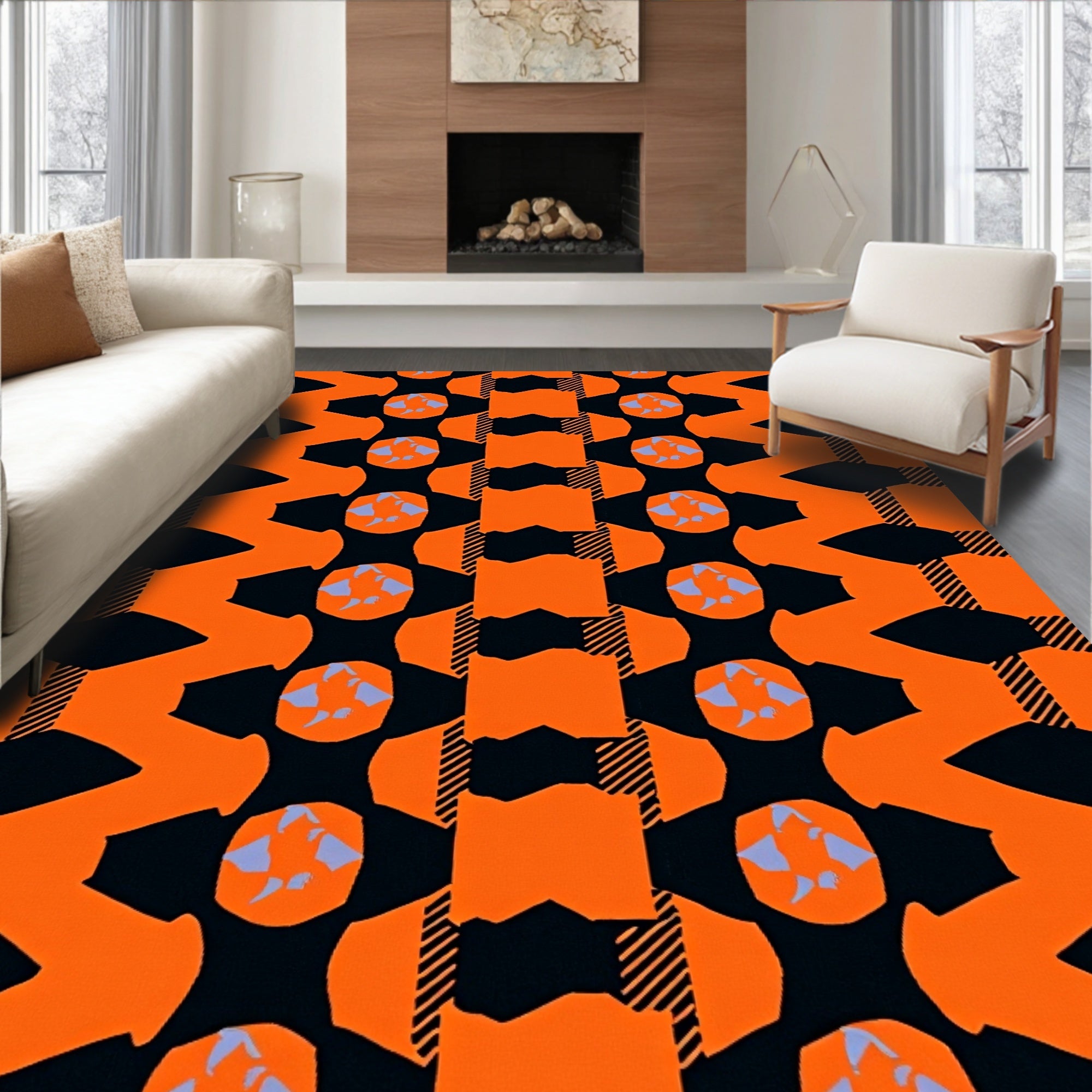 Bold Orange Black Geometric Abstract Rug