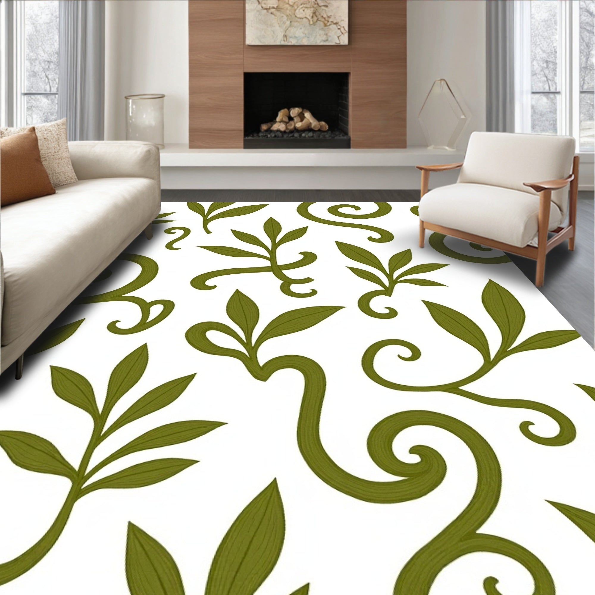 Organic Green Leafy Scrollwork Rug