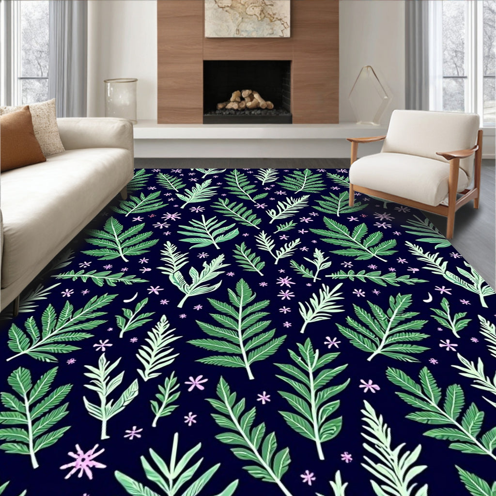 Forest Green Leafy Vines Pink Blooms Rug