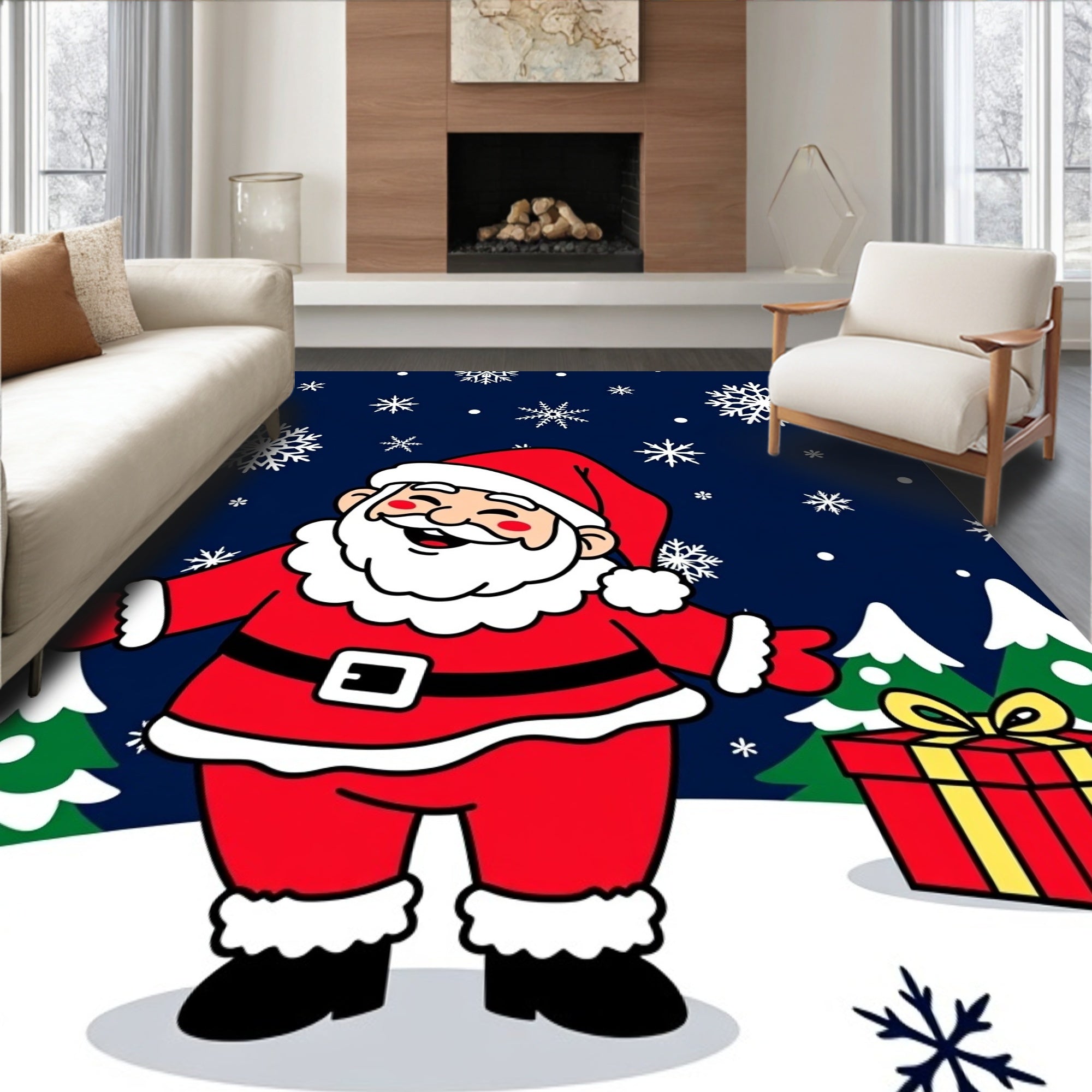 Jolly Santa Claus With Snowy Present Rug