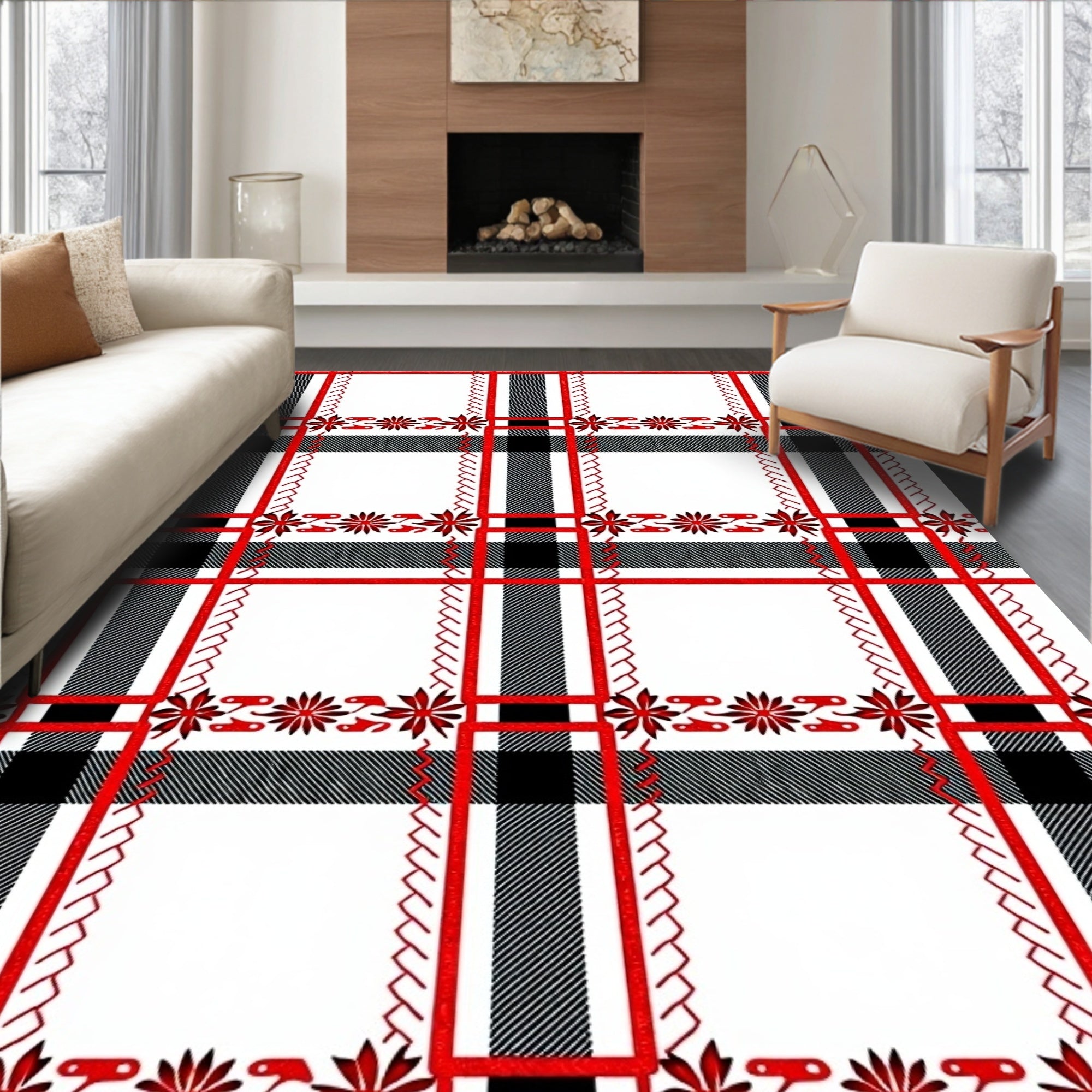 Red Black White Plaid Floral Stripe Rug