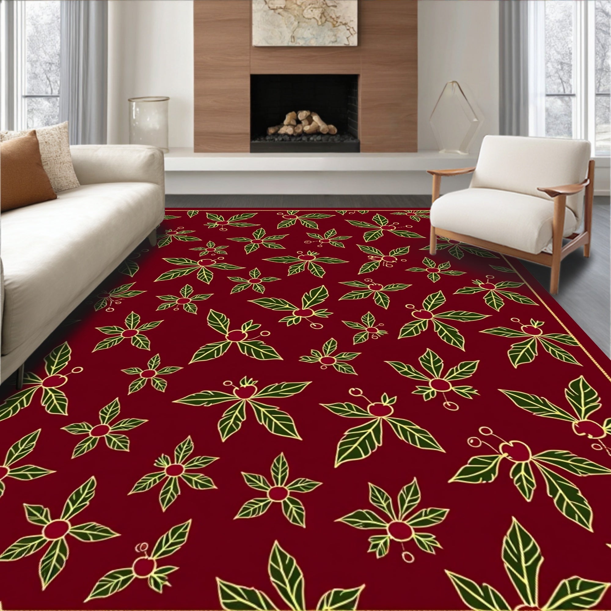 Crimson Red Green Floral Berry Bloom Rug