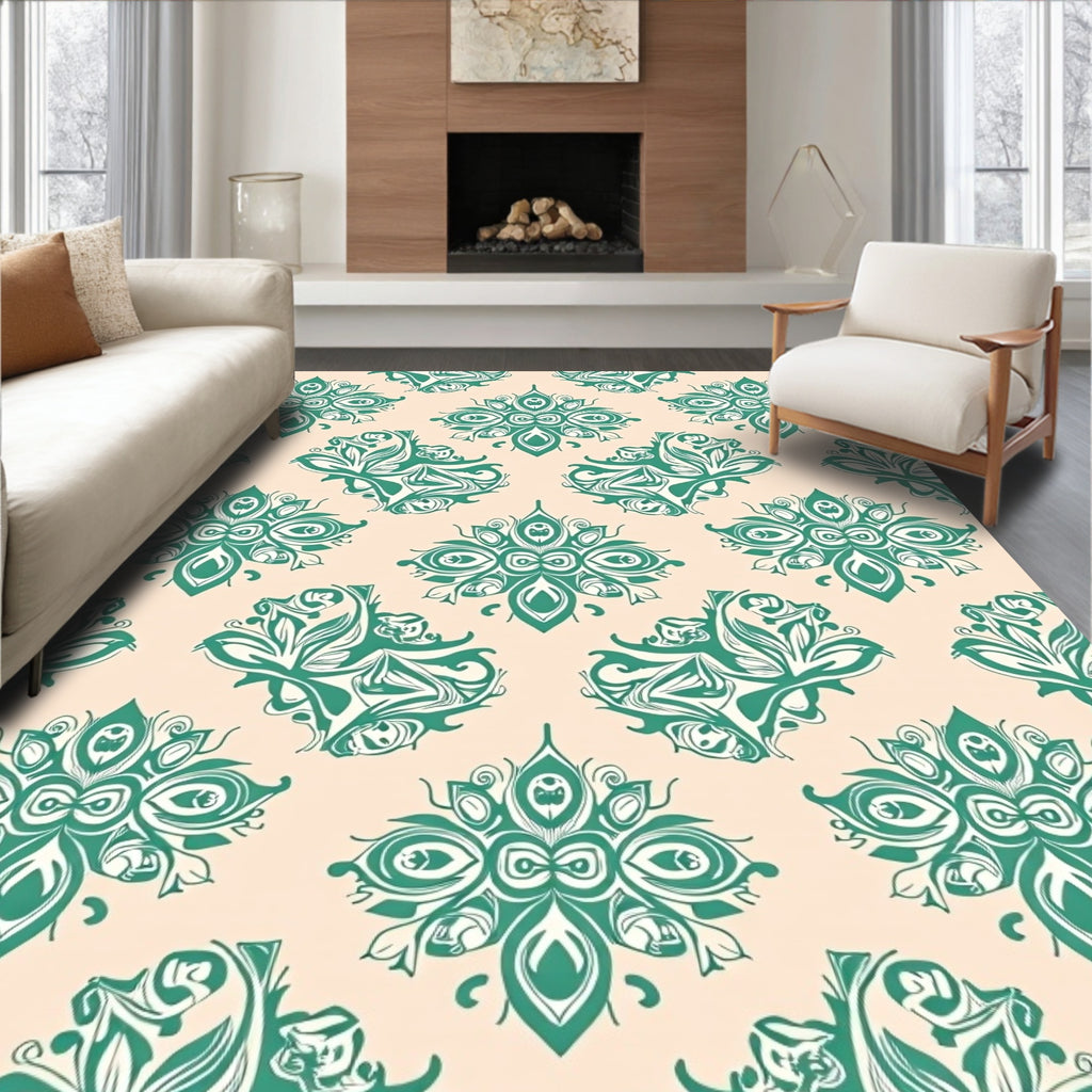 Teal Floral Symmetry Mandala Rug