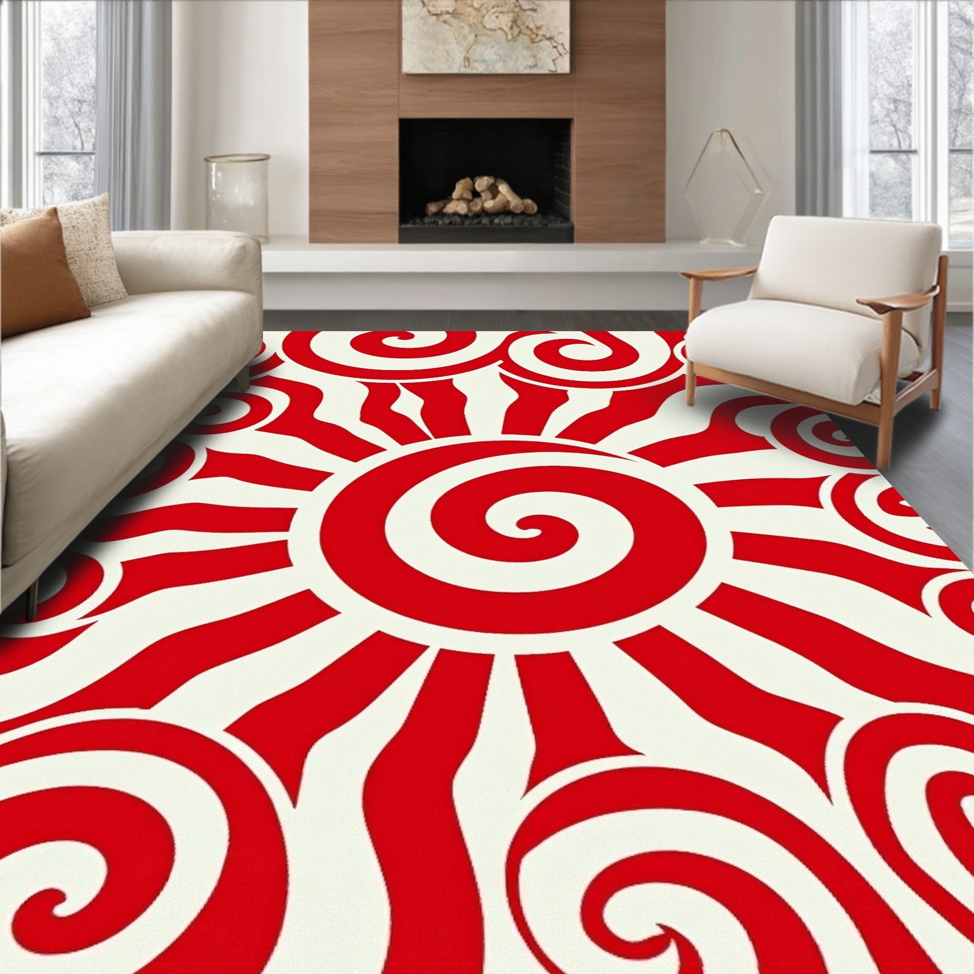 Bold Red Sun Swirl Rug