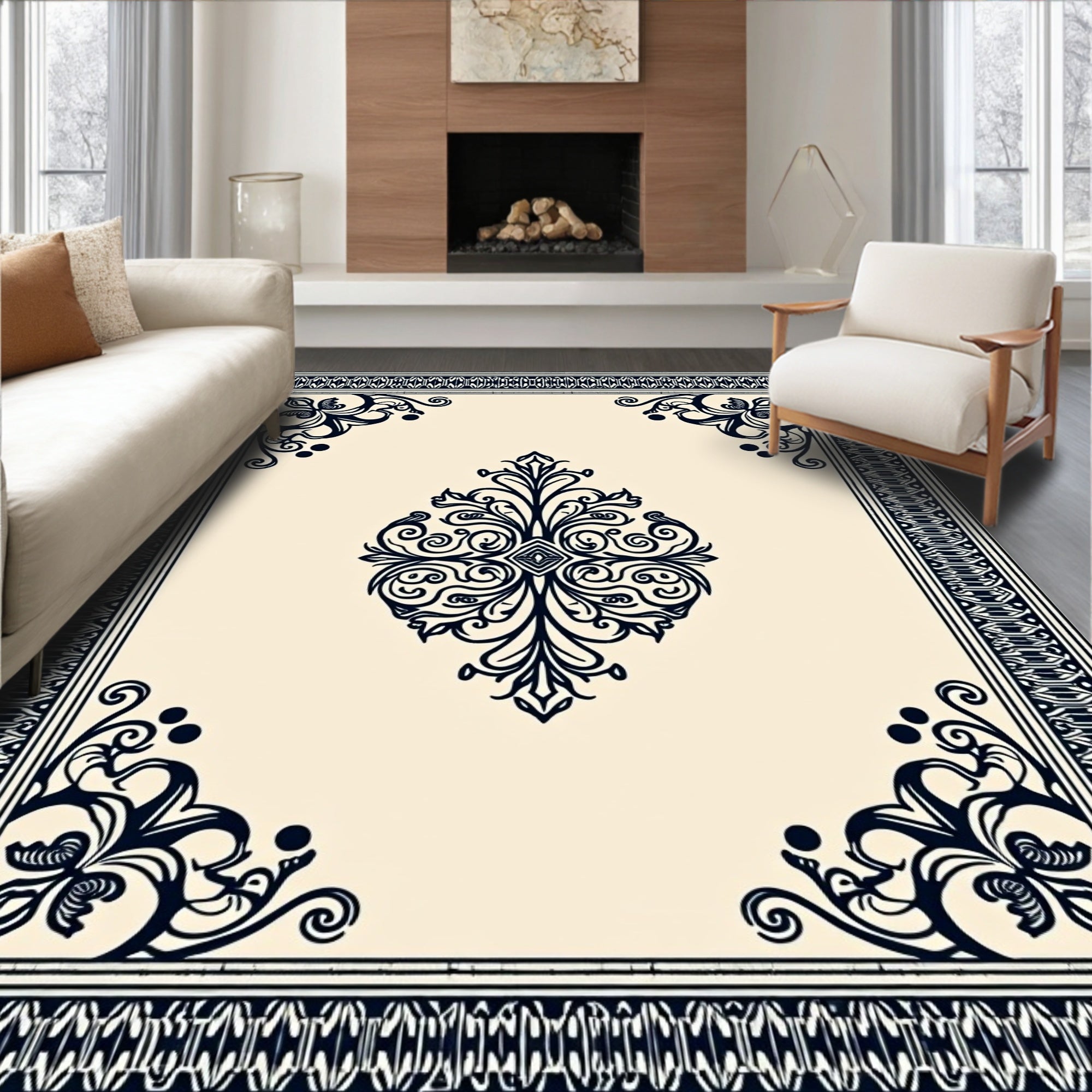 Ornate Cream Navy Floral Medallion Rug