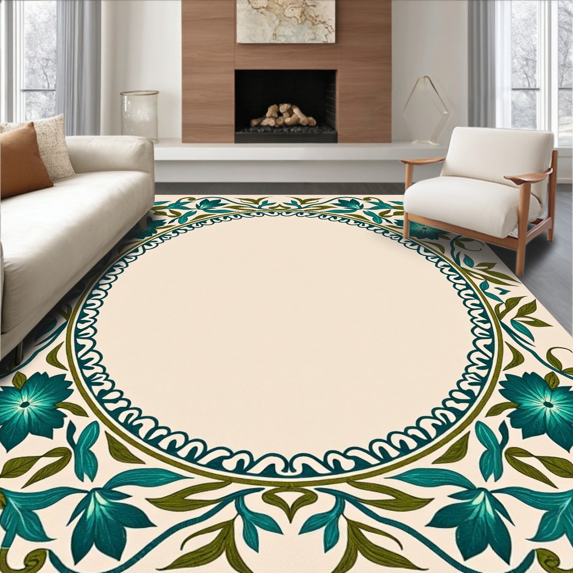 Teal Floral Vines Oval Frame Rug
