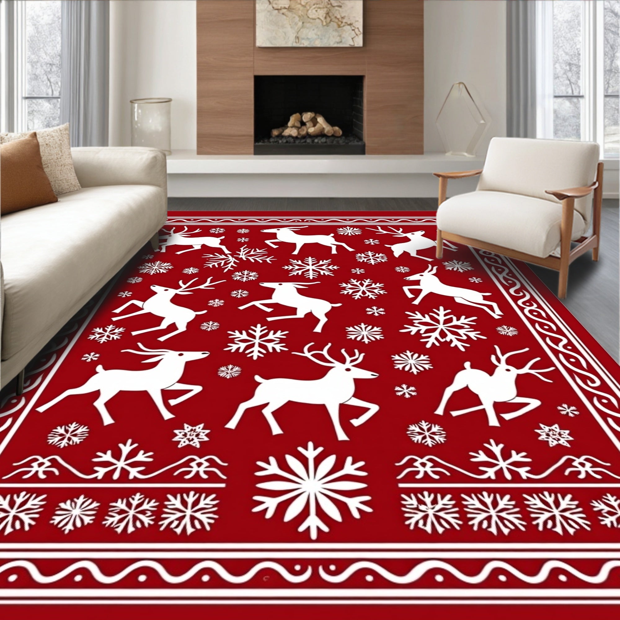 Festive Red Reindeer Snow Flake Medley Rug