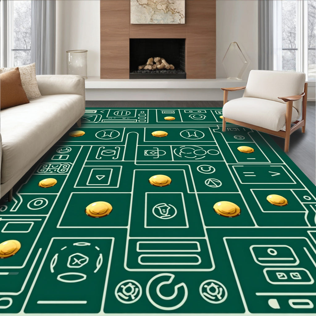 Geometric Abstract Circuit Board Gold Coins Rug