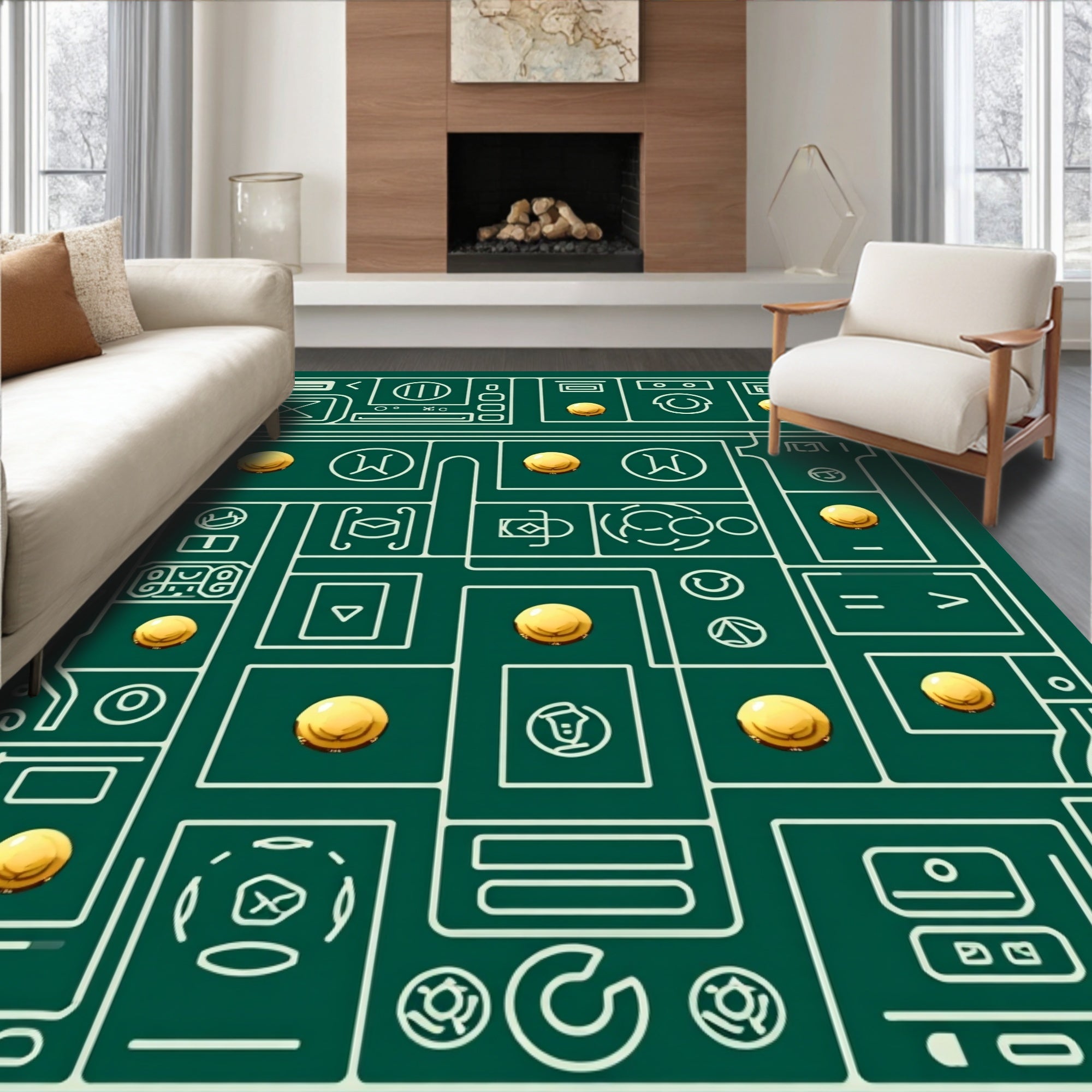 Geometric Abstract Circuit Board Gold Coins Rug