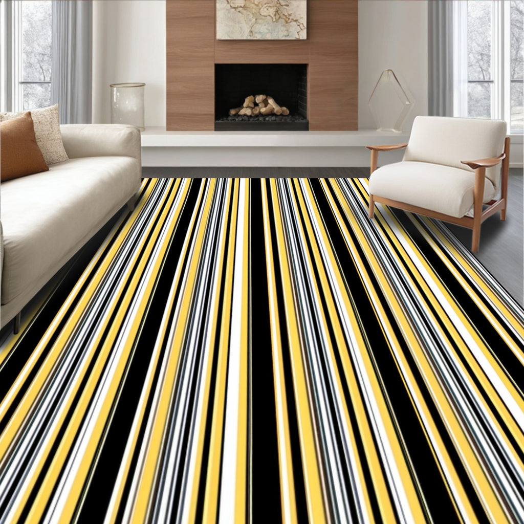 Bold Yellow Black White Stripe Rug