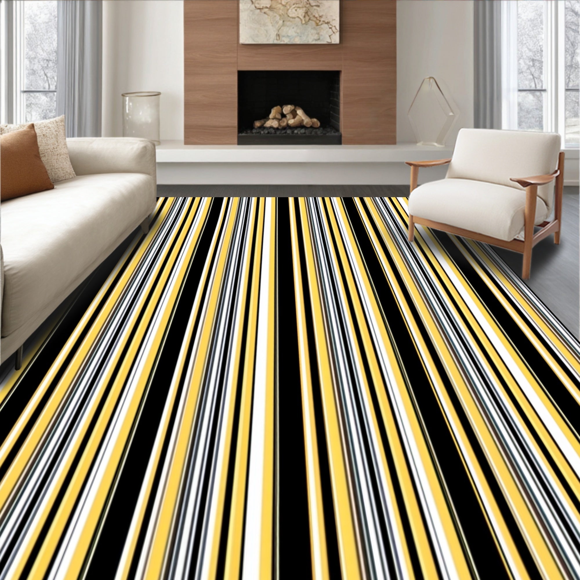 Bold Yellow Black White Stripe Rug