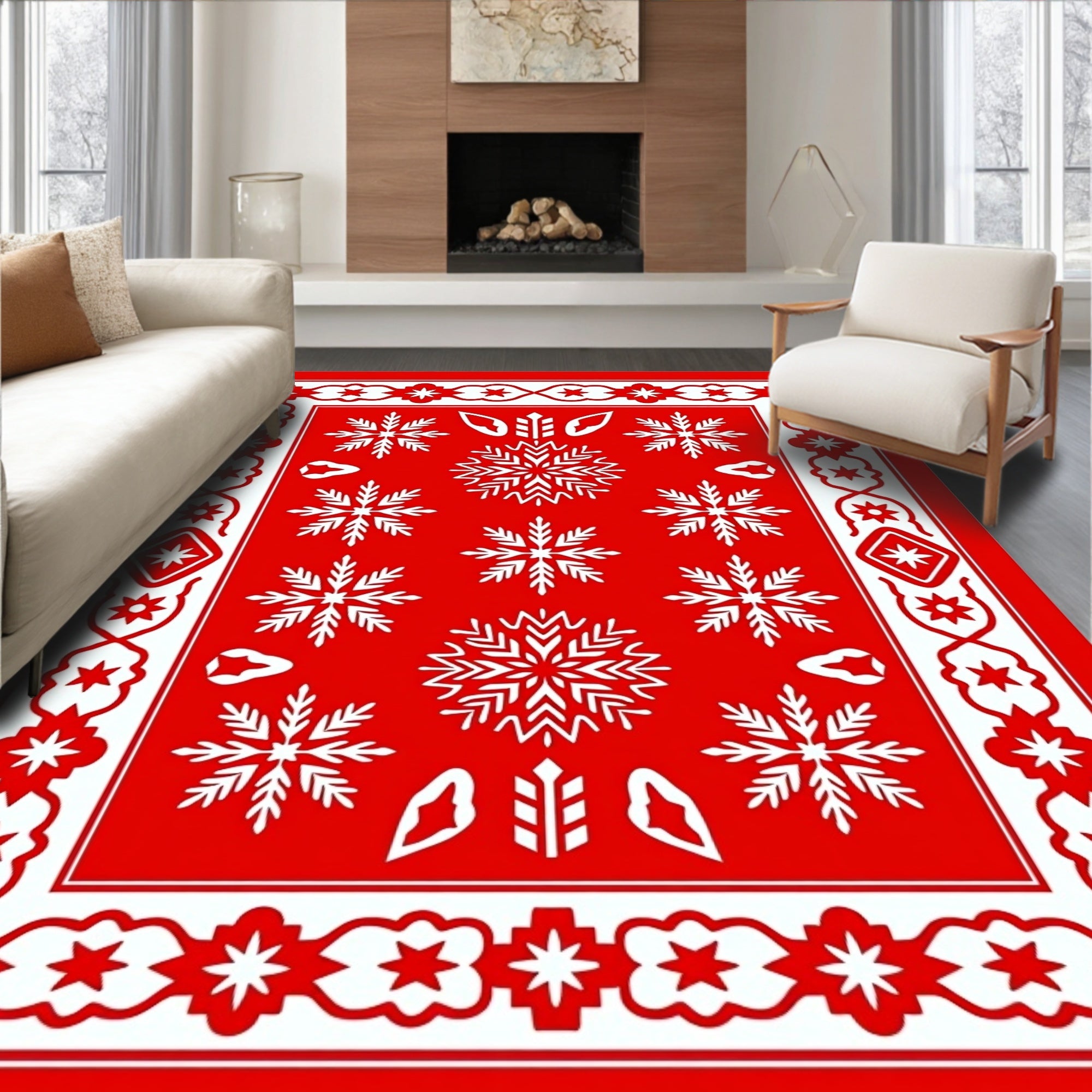 Festive Red Snowflake Star Border Rug