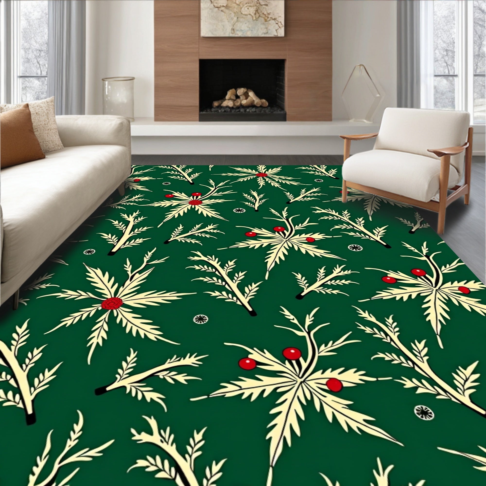 Forest Green Cream Berry Branch Folk Art Rug
