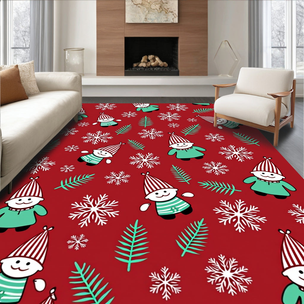 Whimsical Red Gnome Snowflake Forest Rug