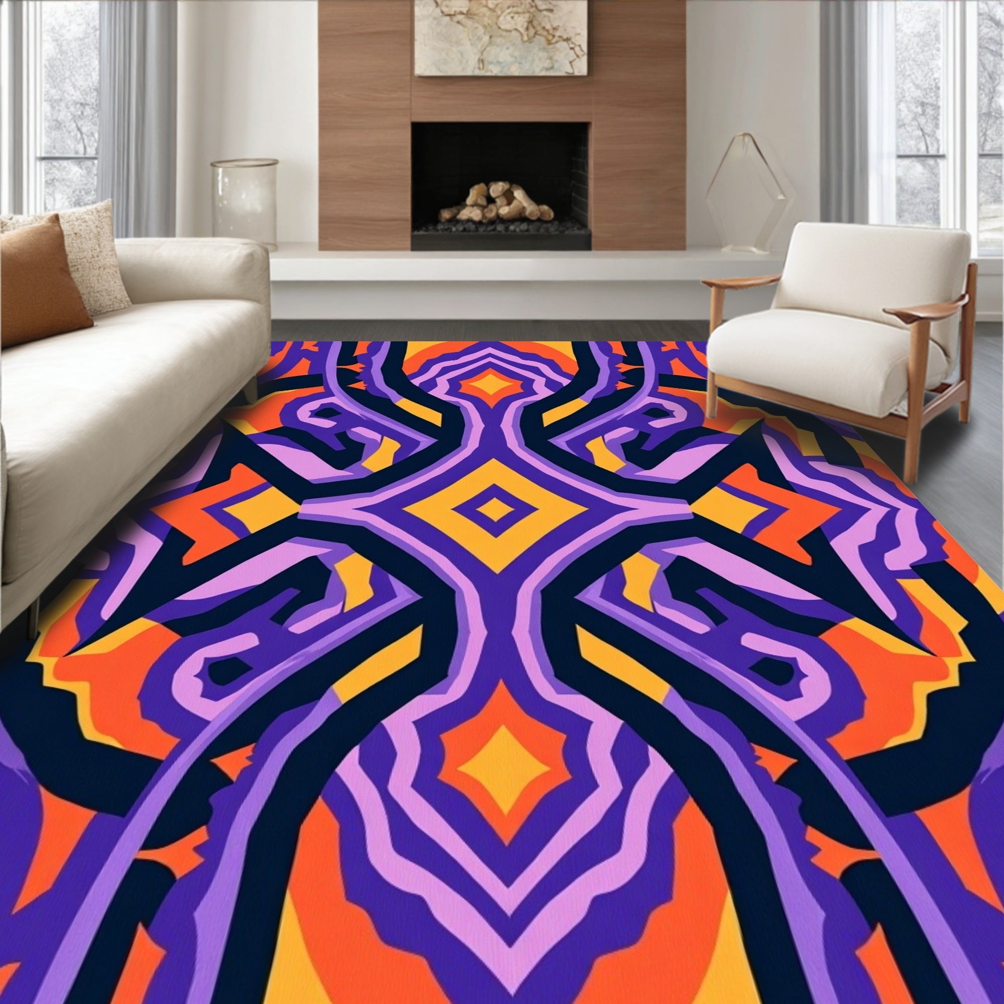 Vibrant Purple Orange Geometric Symmetry Rug